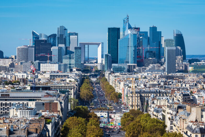 View to the high rise La Defense in Paris, France with caption